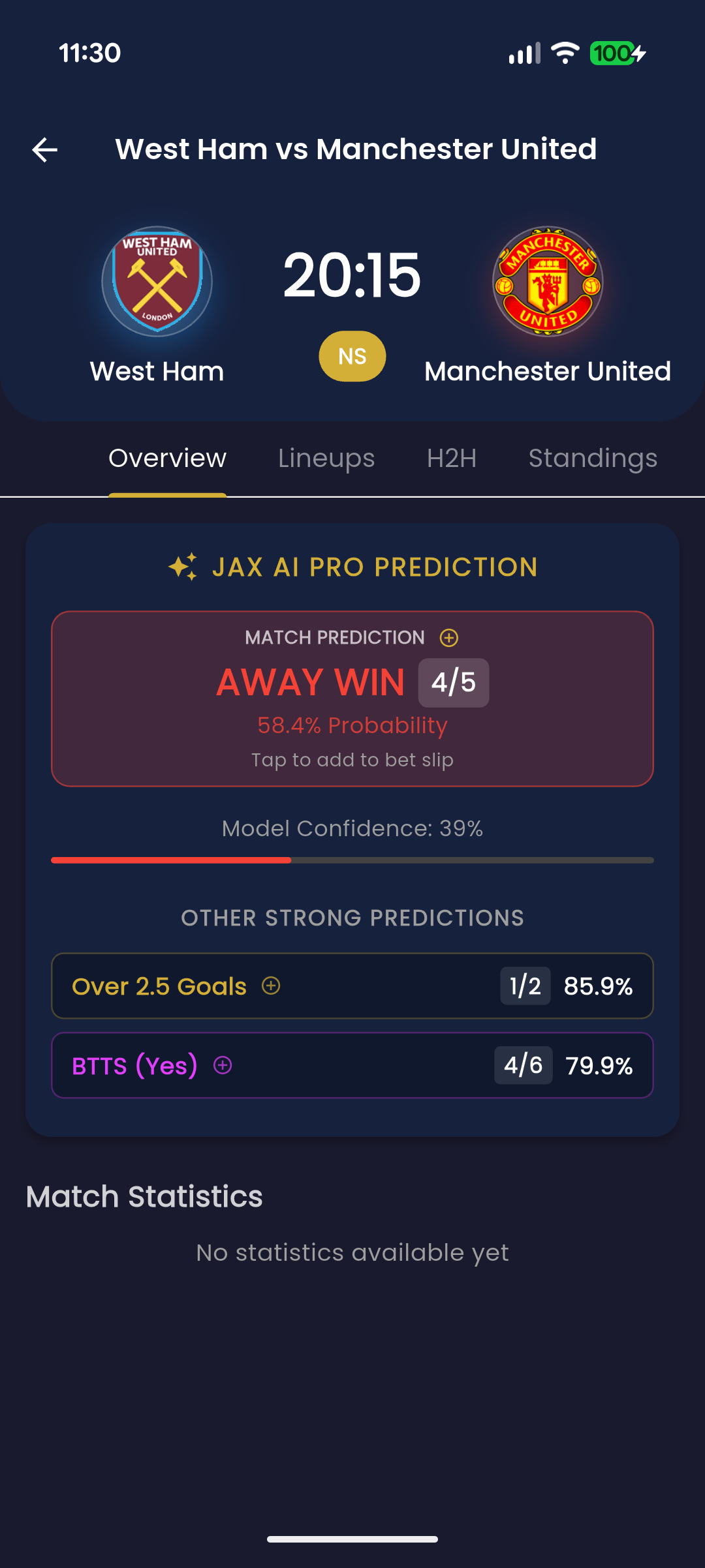 JAX AI Match Details — probabilities, form, head-to-head analysis