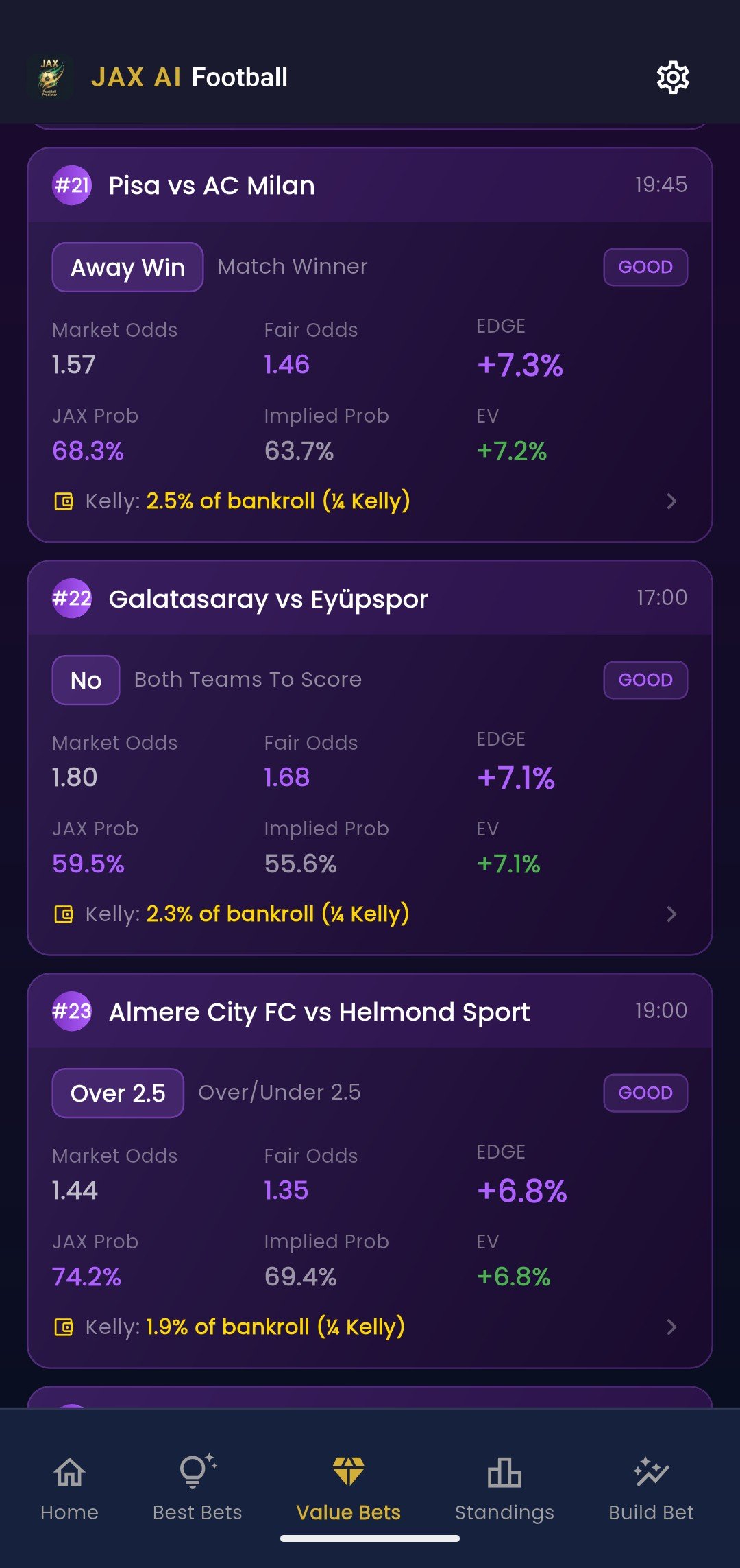 JAX AI Value Bets — edge detection, fair odds, Kelly staking and CLV tracking